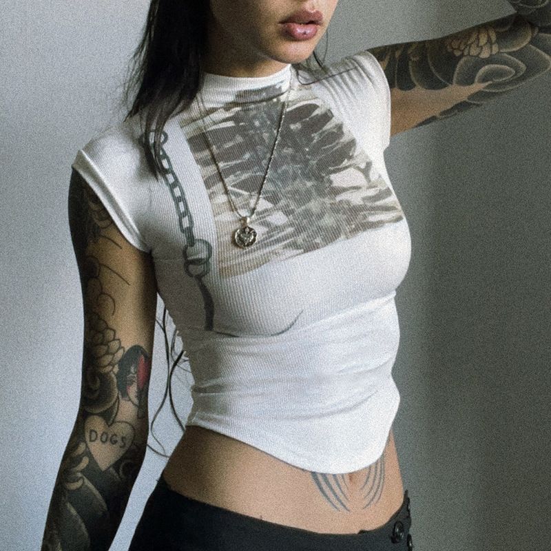 Cuteandpsycho Y2K Graphic Print Cropped Tee Shirts for Women Short Sleeves Slim Cute Clothings Crewneck Casual Harajuku Outfits