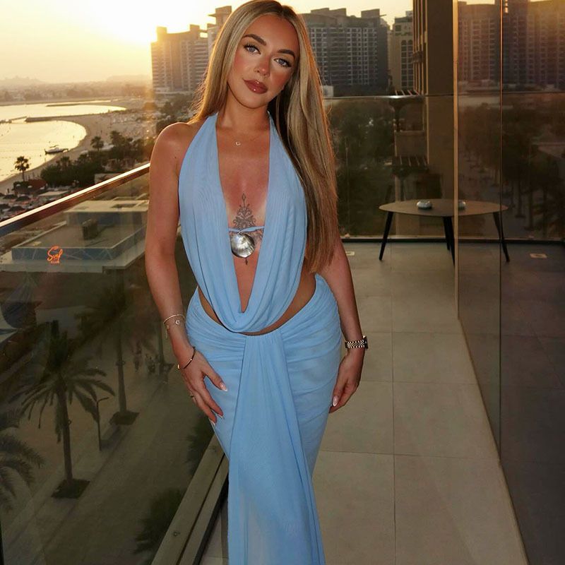 Sexy Women Blue Lace Up Long Skirt Suit Backless Halter Vest Slim Fit Deep V Skirts Set Summer Evening Party 2025 Fashion Outfit
