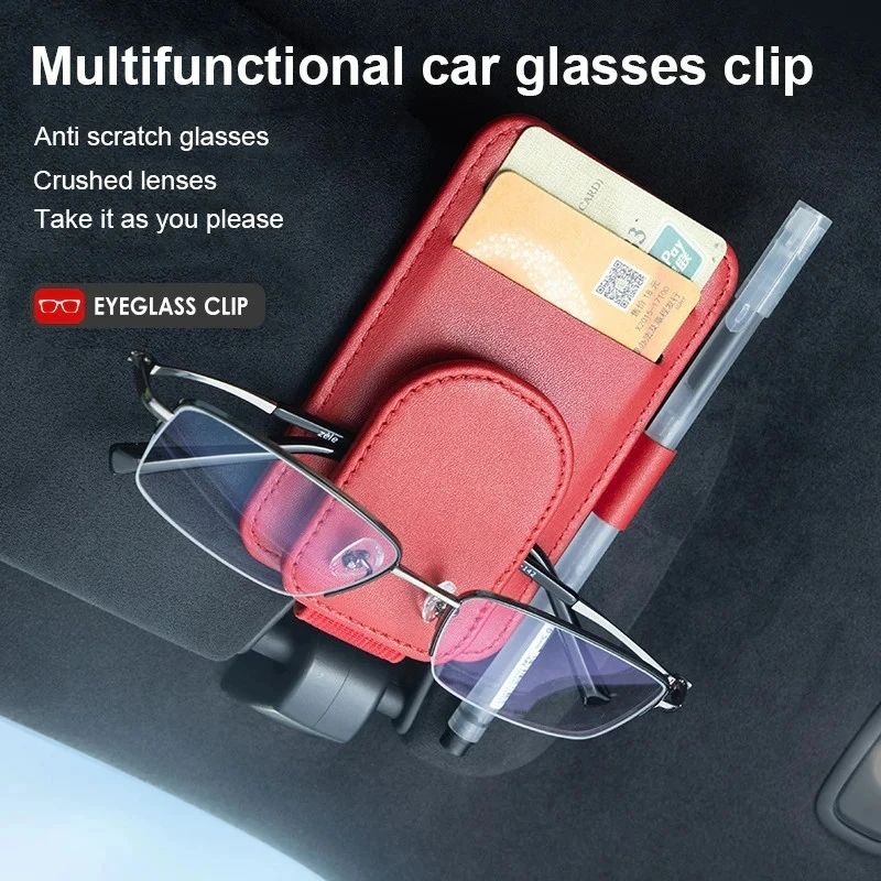 Car Sunglasses Holder Sun Visor Glasses Clip Multifunction Leather Eyeglasses Hanger Portable Ticket Card Clip Car Accessories