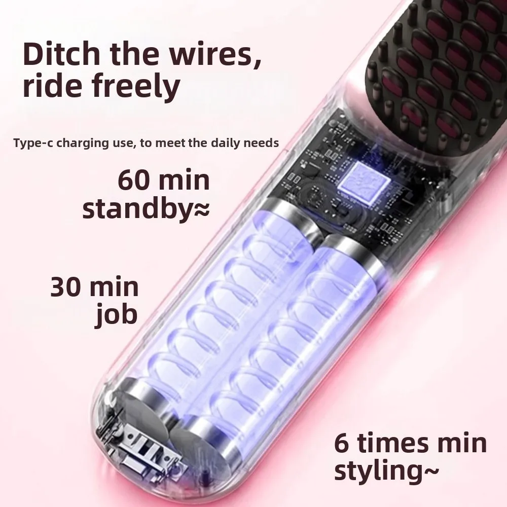 Cordless Hair Straightener Brush Ceramic Coating Rechargeable Hair Straightener Comb Fast Heating 4 Temp Settings Hot Comb Women