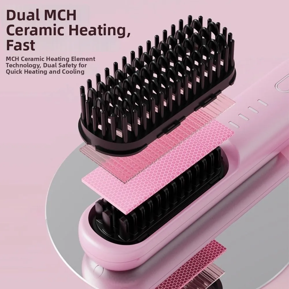 Cordless Hair Straightener Brush Ceramic Coating Rechargeable Hair Straightener Comb Fast Heating 4 Temp Settings Hot Comb Women