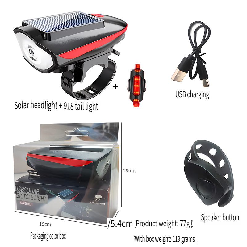 Solar Bicycle Headlight USB Rechargeable MTB Bike Solar Front Back Light with Horn for Night Riding Waterproof Bicycle Accessories