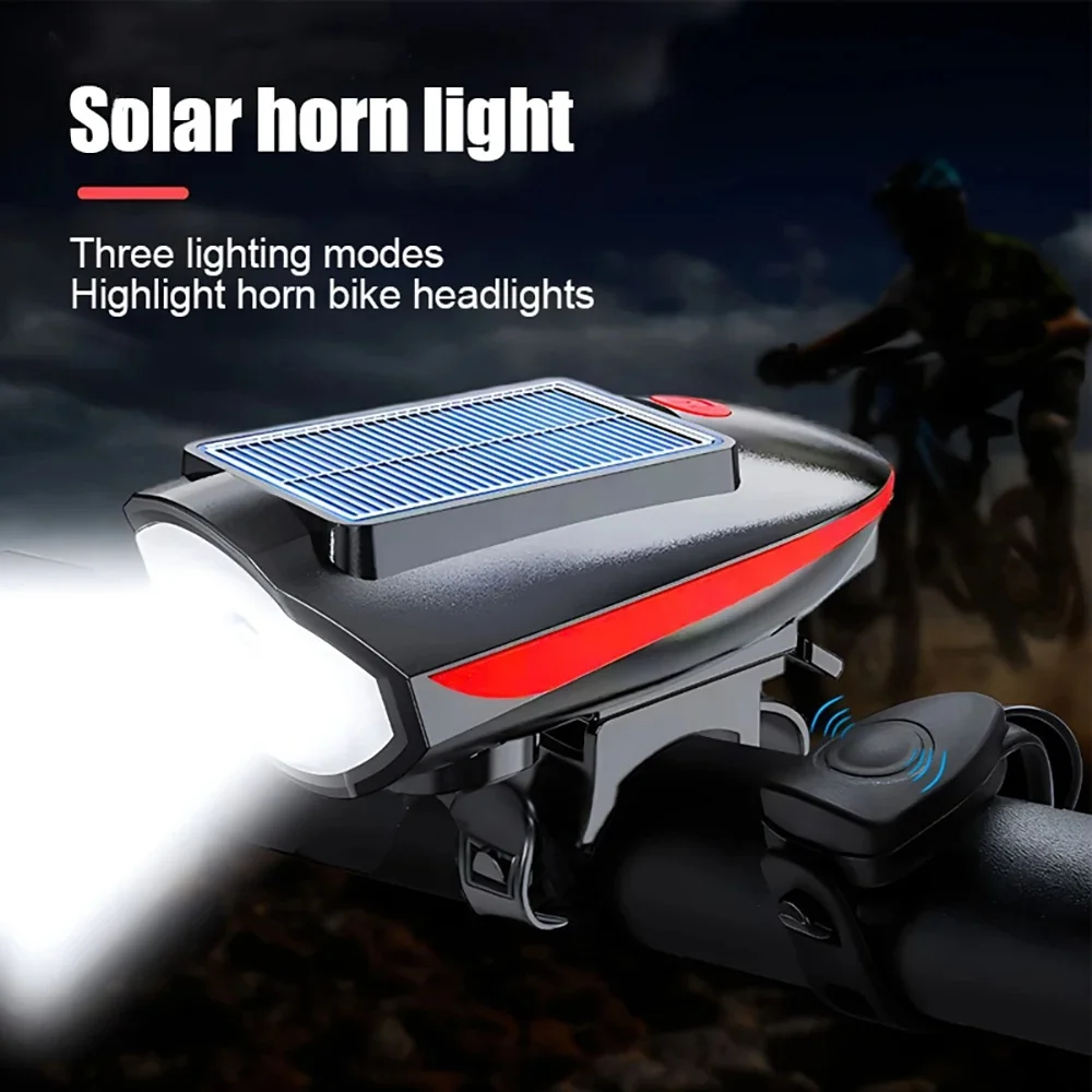 Solar Bicycle Headlight USB Rechargeable MTB Bike Solar Front Back Light with Horn for Night Riding Waterproof Bicycle Accessories