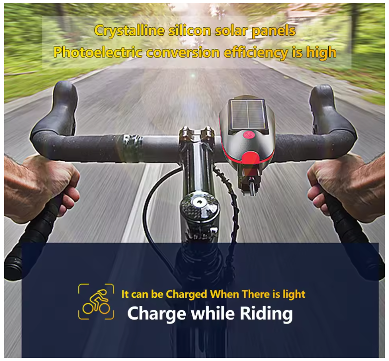 Solar Bicycle Headlight USB Rechargeable MTB Bike Solar Front Back Light with Horn for Night Riding Waterproof Bicycle Accessories