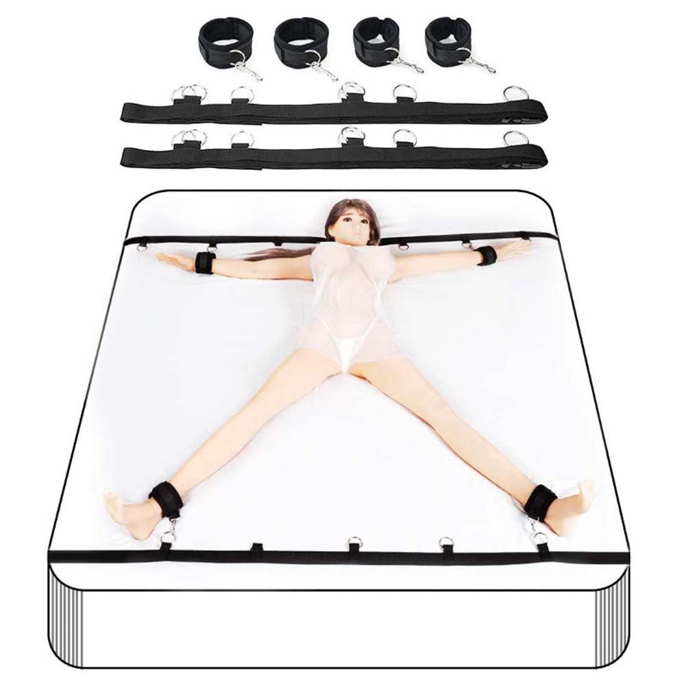 BDSM Bed Restraints Sex Game Bondage Kits Couple SM Fetish Gear Adult Toy with Adjustable Hands Ankle Wrist Cuffs Blindfold Tickler Soft Strap Sex Toys for Women Couples