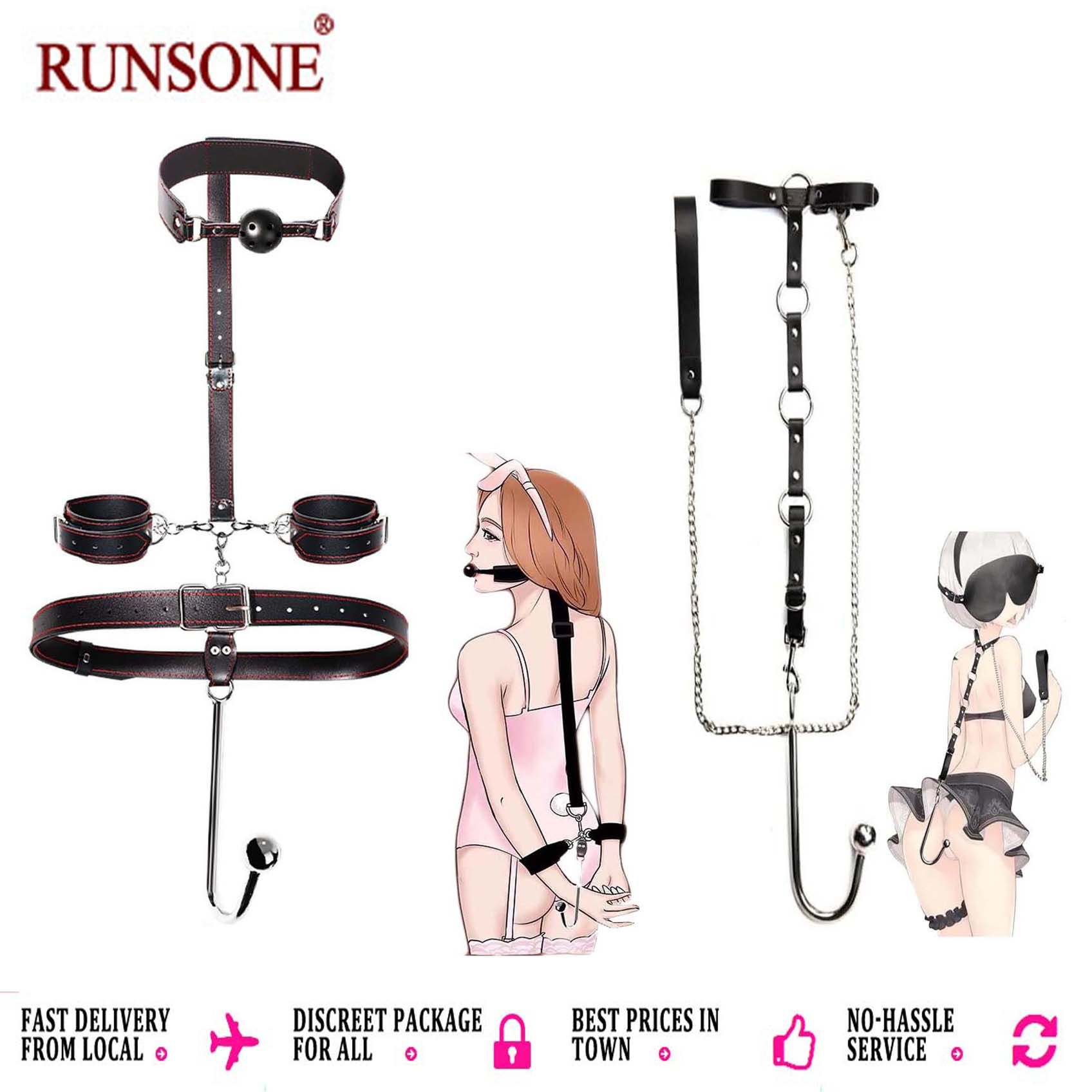 BDSM Sex Slaves Bondage Restraint Anal Hook Options Mouth Ball Gag Collor Chain Bed Foreplay SM Game Fetish Role Play Adjustable Cuffs Adult Sex Toys for Women Men Couples Beginner