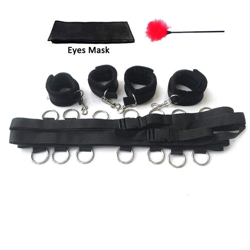 BDSM Bed Restraints Sex Game Bondage Kits Couple SM Fetish Gear Adult Toy with Adjustable Hands Ankle Wrist Cuffs Blindfold Tickler Soft Strap Sex Toys for Women Couples