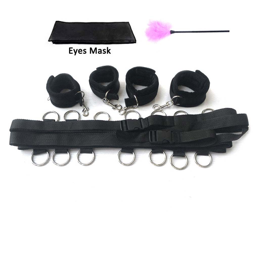 BDSM Bed Restraints Sex Game Bondage Kits Couple SM Fetish Gear Adult Toy with Adjustable Hands Ankle Wrist Cuffs Blindfold Tickler Soft Strap Sex Toys for Women Couples