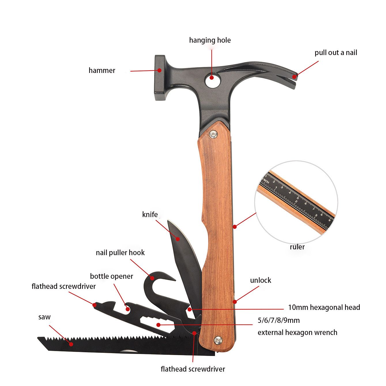 Multi-Functional Hammer – Multi-Tool Camping Tent Peg Hammer, Outdoor Survival Gear, Cast Iron Mallet, Campsite Hammer