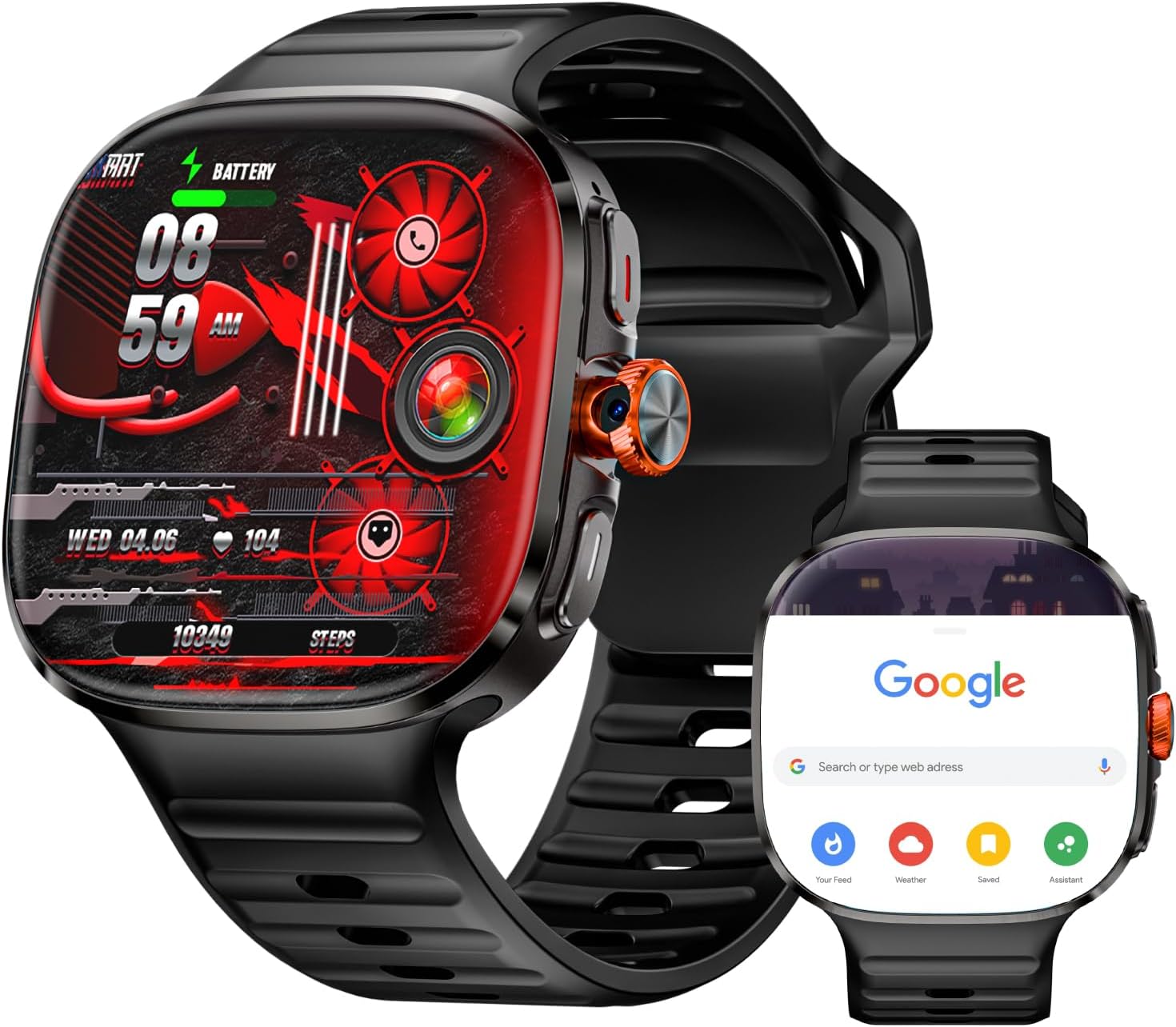 4G SIM Card Android Smart Watch, 2.16'' AMOLED Large Screen 3GB+32GB Smartwatch for Men Women with Rotating Camera WiFi GPS, 1150mAh Fitness Activity Tracker Watch (Black)