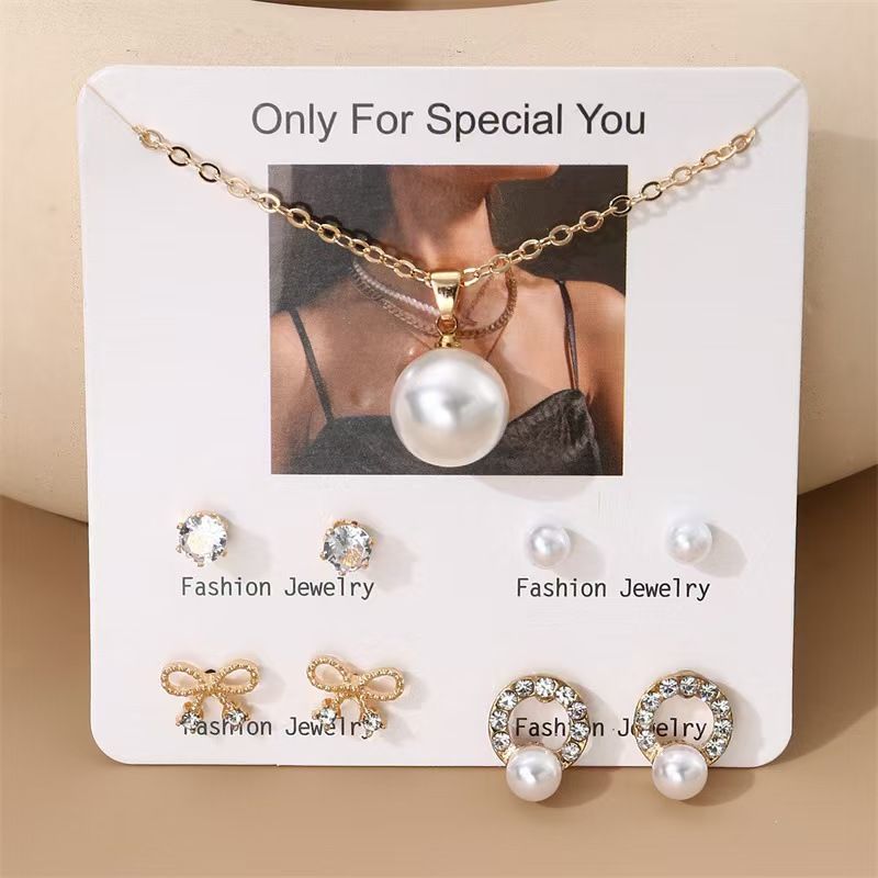 Pearl Pendant Necklace With 4 Pairs Earrings Sets Collarbone Choker Clavicle Chain Crystal Iced Diamond Women Lady Girls Jewelry Accessories Ear Stud Eardrop Valentine's Day Christmas Birthday Gifts As Shown In Photo