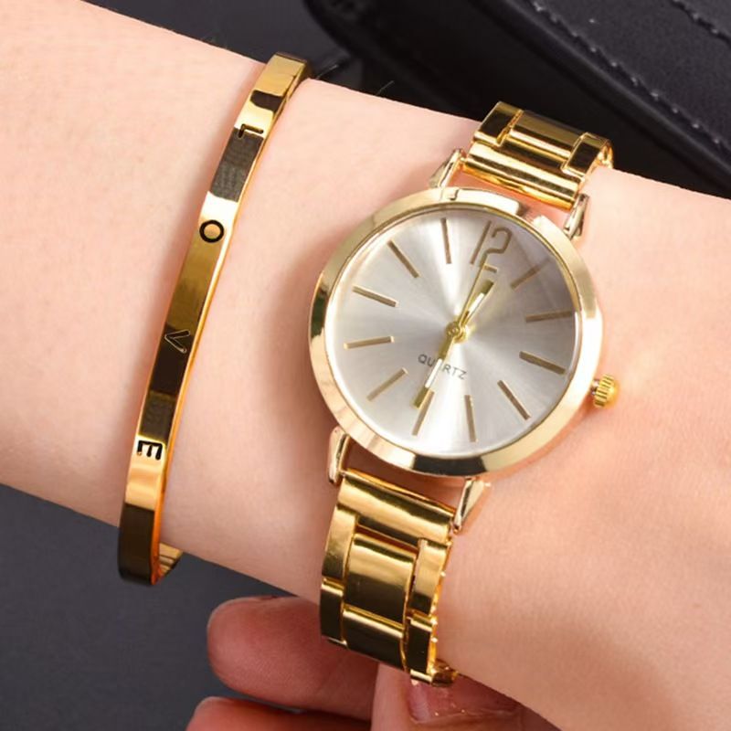 2pcs Stainless Steel Women Quartz Watches + LOVE Bracelet Set For Ladies Lady Watch Wristwatches Classic Fashion Female Watches Wrist Watch With Bracelet Bangle Jewelry Christmas Gifts