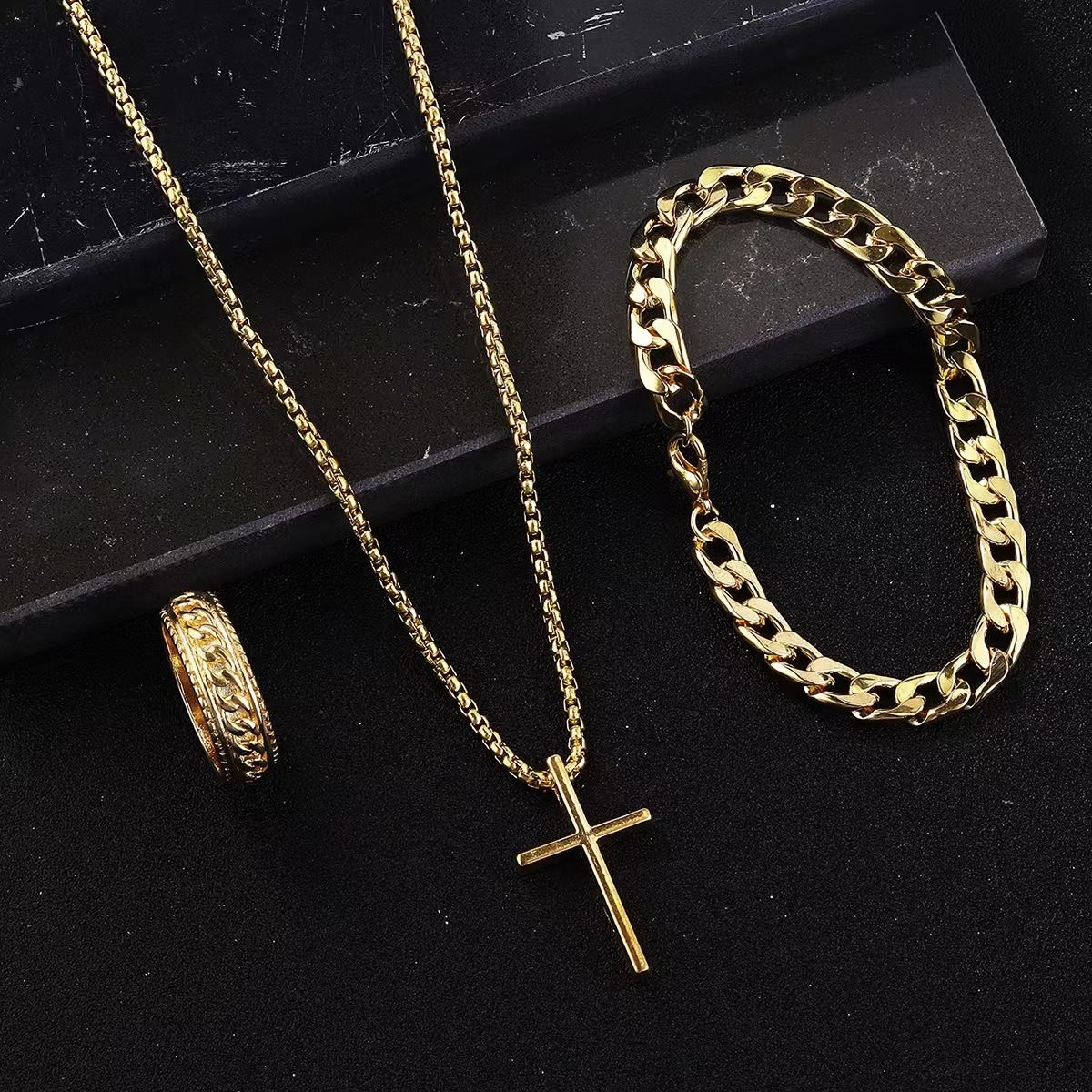 3 Pcs Set Cross Necklace Rings Bracelet for Men Titanium Steel Alloy Stainless Pendant Crosses Chain Jewelry Valentine's Day Christmas Birthday Gifts Gold