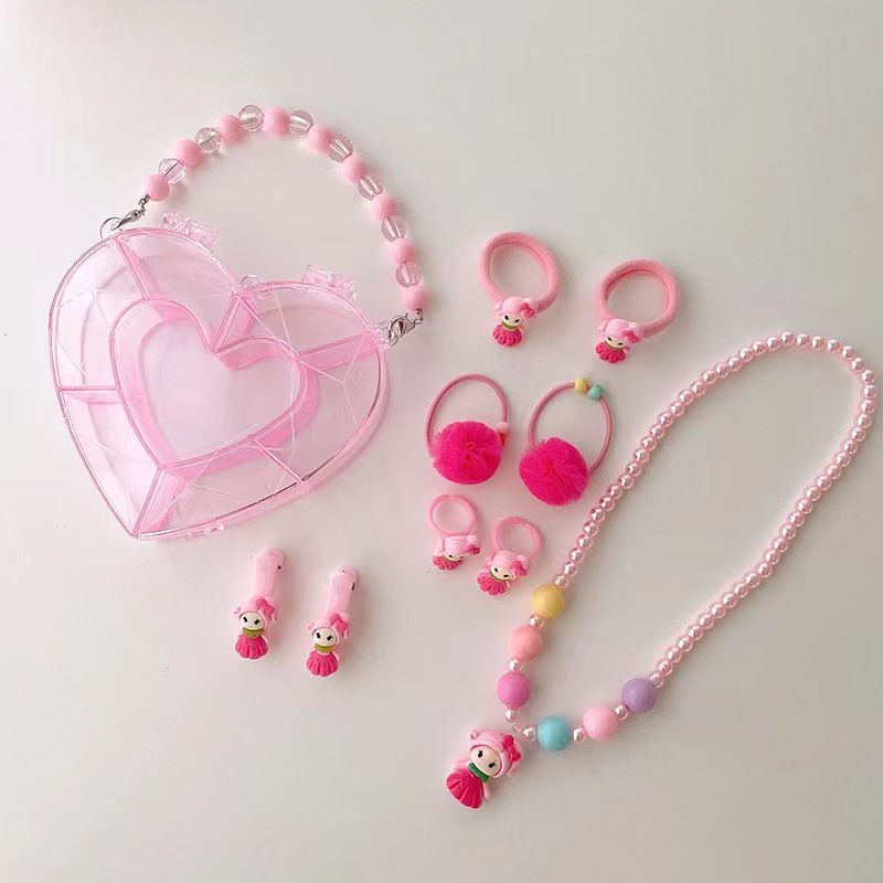 Girls Jewelry Set Kids Melody Jewelry Box Set with Jewel Bead Necklace Bracelet Hair Band Hairpin Hair Ties And Rings Play Accessories Pretend Dress Up 9 Piece Toy Birthday Gift