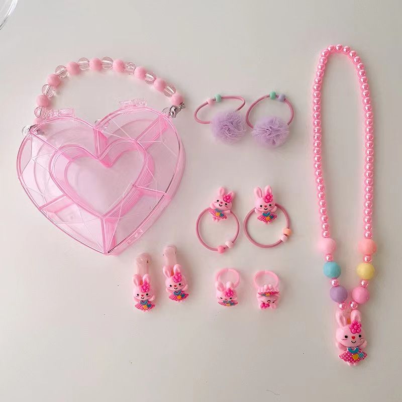 Girls Jewelry Set Kids Melody Jewelry Box Set with Jewel Bead Necklace Bracelet Hair Band Hairpin Hair Ties And Rings Play Accessories Pretend Dress Up 9 Piece Toy Birthday Gift