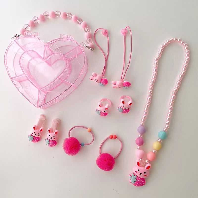 Girls Jewelry Set Kids Melody Jewelry Box Set with Jewel Bead Necklace Bracelet Hair Band Hairpin Hair Ties And Rings Play Accessories Pretend Dress Up 9 Piece Toy Birthday Gift
