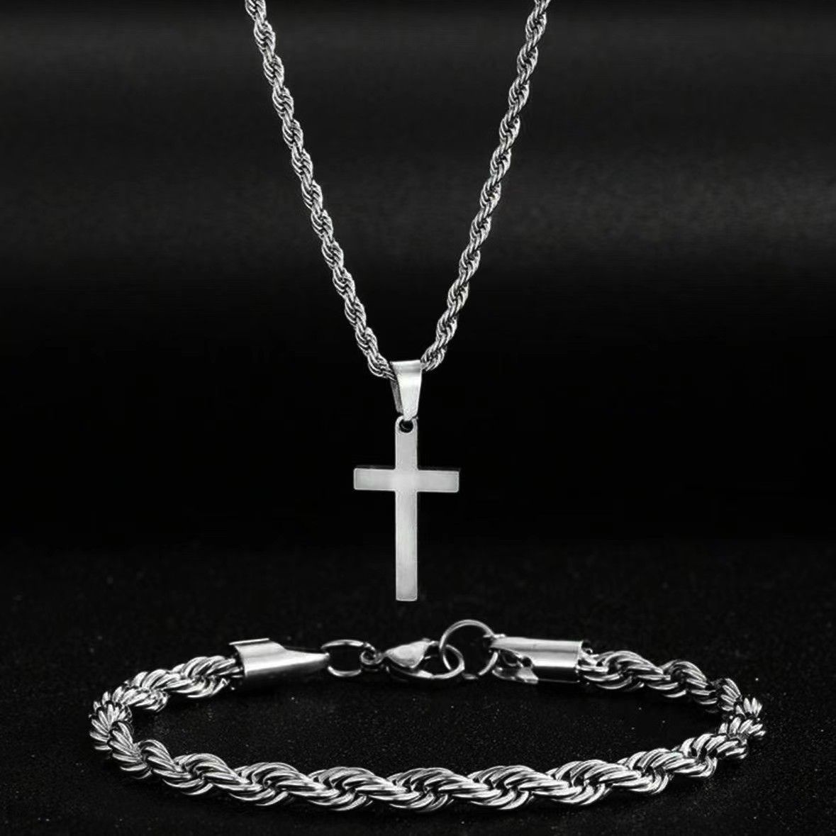 3 Pcs Set Cross Necklace Rings Bracelet for Men Titanium Steel Alloy Stainless Pendant Crosses Chain Jewelry Valentine's Day Christmas Birthday Gifts