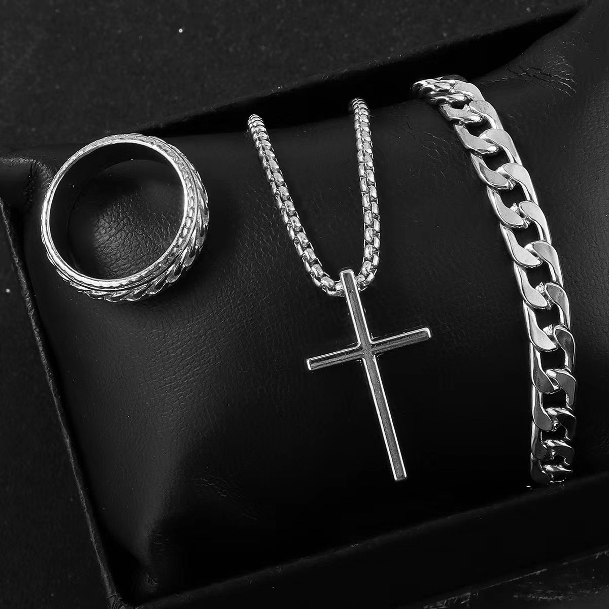 3 Pcs Set Cross Necklace Rings Bracelet for Men Titanium Steel Alloy Stainless Pendant Crosses Chain Jewelry Valentine's Day Christmas Birthday Gifts