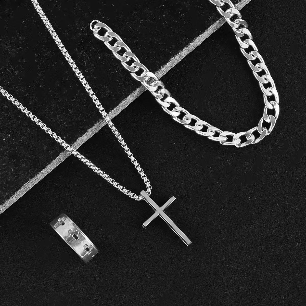 3 Pcs Set Cross Necklace Rings Bracelet for Men Titanium Steel Alloy Stainless Pendant Crosses Chain Jewelry Valentine's Day Christmas Birthday Gifts