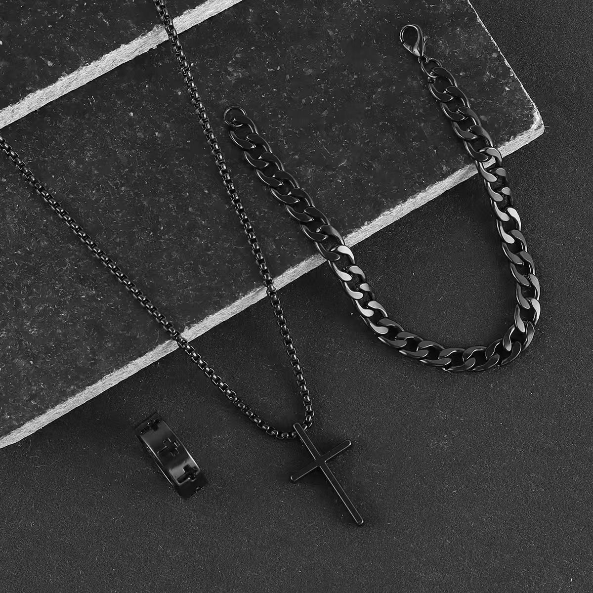 3 Pcs Set Cross Necklace Rings Bracelet for Men Titanium Steel Alloy Stainless Pendant Crosses Chain Jewelry Valentine's Day Christmas Birthday Gifts