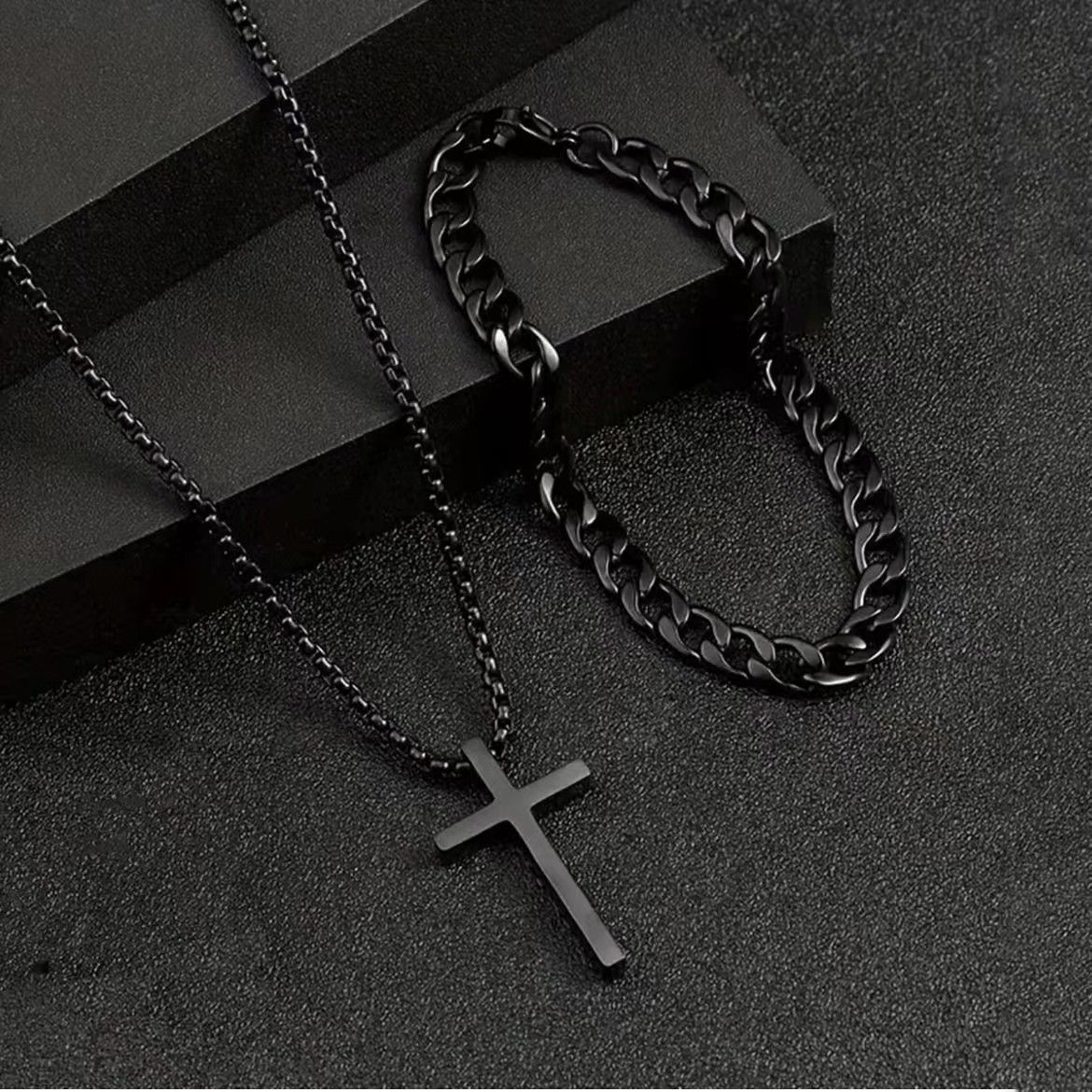 3 Pcs Set Cross Necklace Rings Bracelet for Men Titanium Steel Alloy Stainless Pendant Crosses Chain Jewelry Valentine's Day Christmas Birthday Gifts