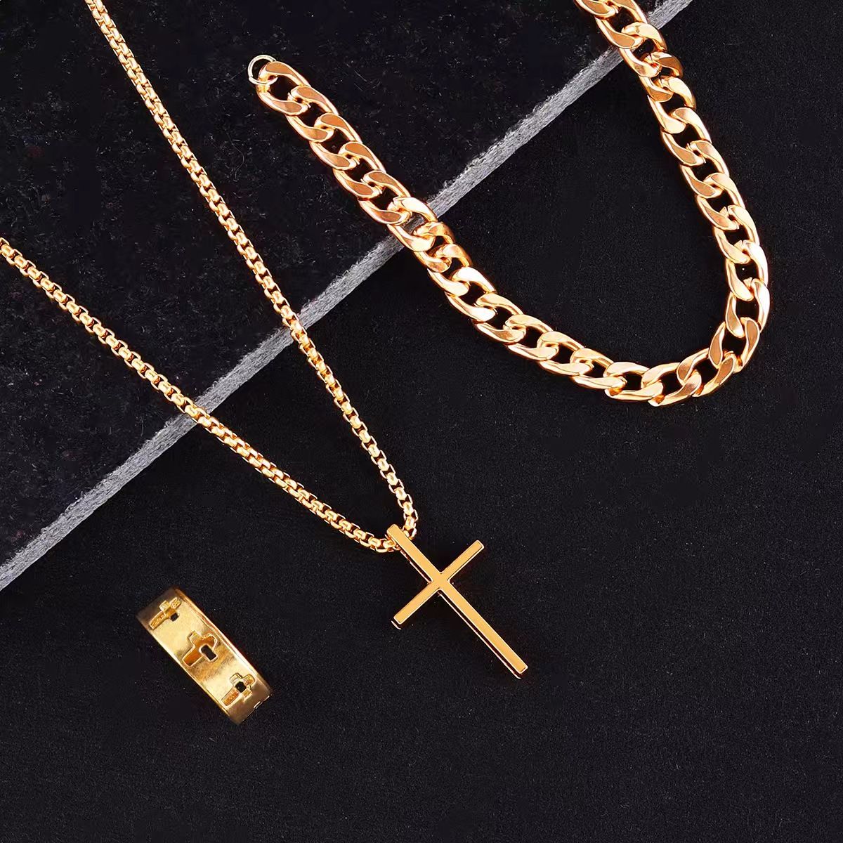 3 Pcs Set Cross Necklace Rings Bracelet for Men Titanium Steel Alloy Stainless Pendant Crosses Chain Jewelry Valentine's Day Christmas Birthday Gifts