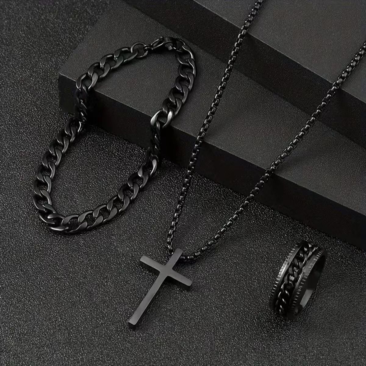 3 Pcs Set Cross Necklace Rings Bracelet for Men Titanium Steel Alloy Stainless Pendant Crosses Chain Jewelry Valentine's Day Christmas Birthday Gifts