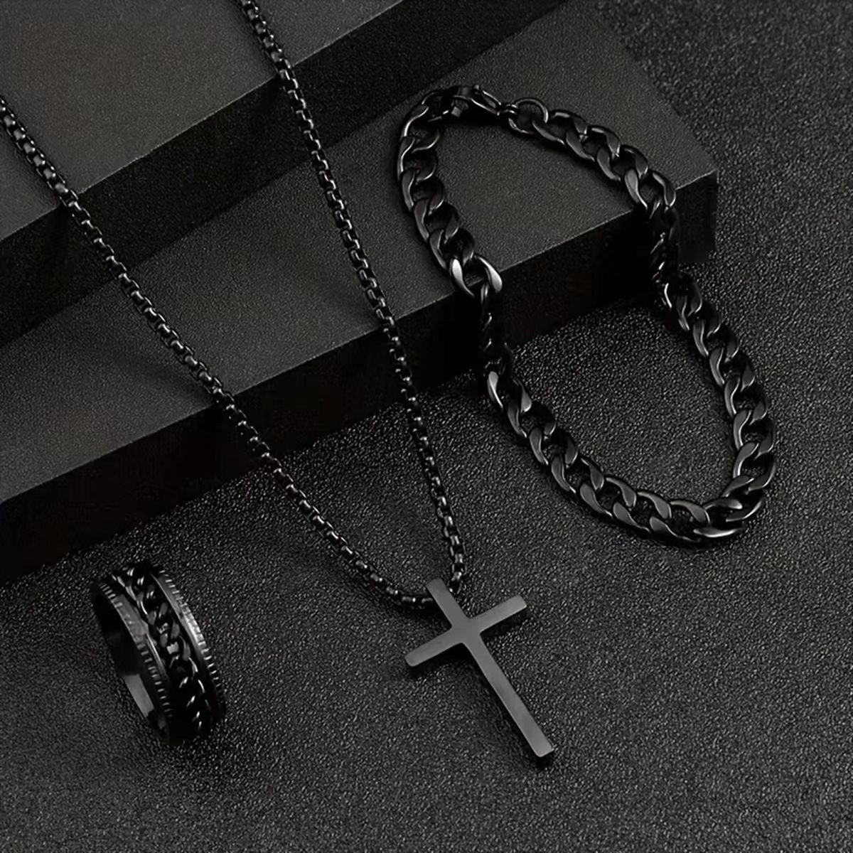 3 Pcs Set Cross Necklace Rings Bracelet for Men Titanium Steel Alloy Stainless Pendant Crosses Chain Jewelry Valentine's Day Christmas Birthday Gifts Black