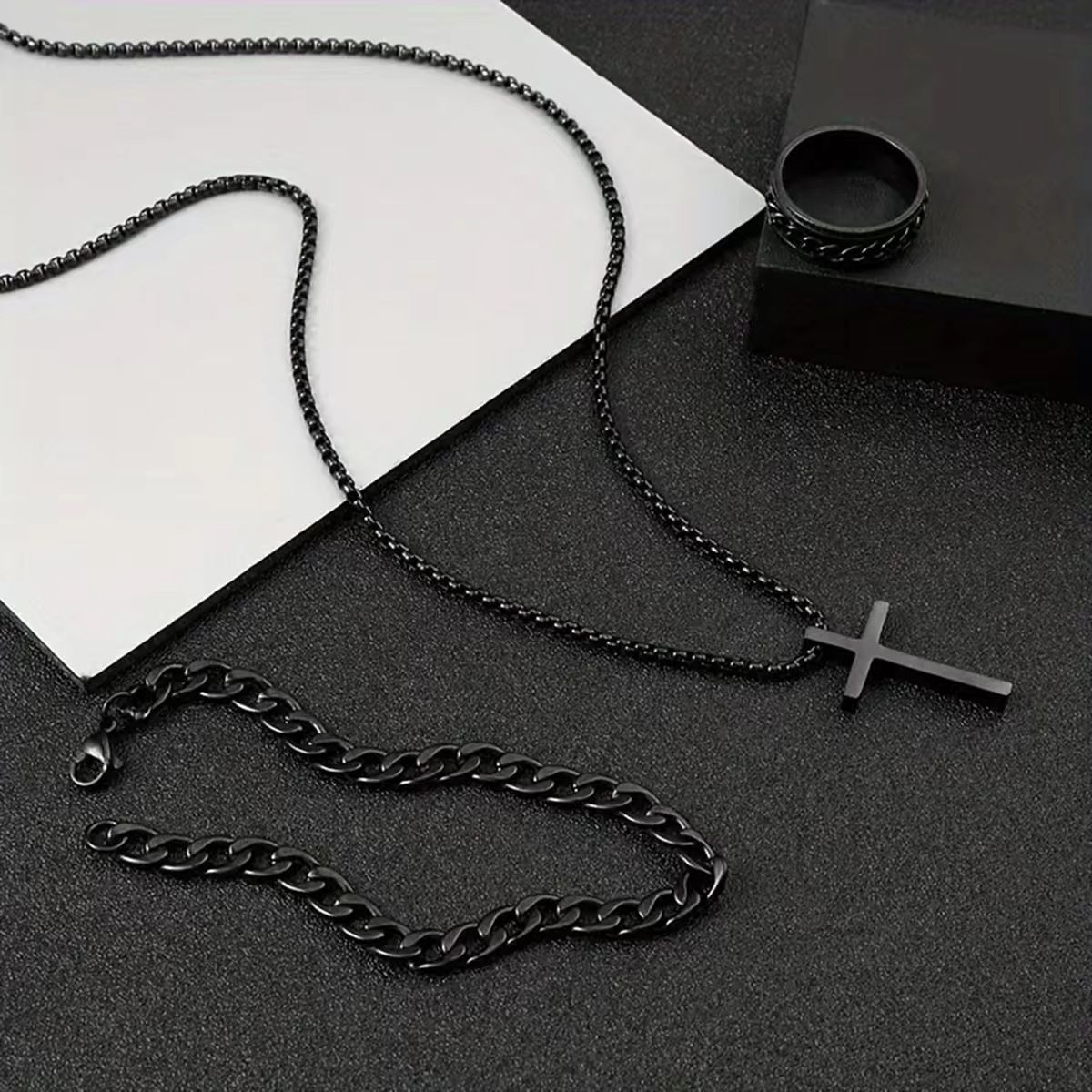 3 Pcs Set Cross Necklace Rings Bracelet for Men Titanium Steel Alloy Stainless Pendant Crosses Chain Jewelry Valentine's Day Christmas Birthday Gifts