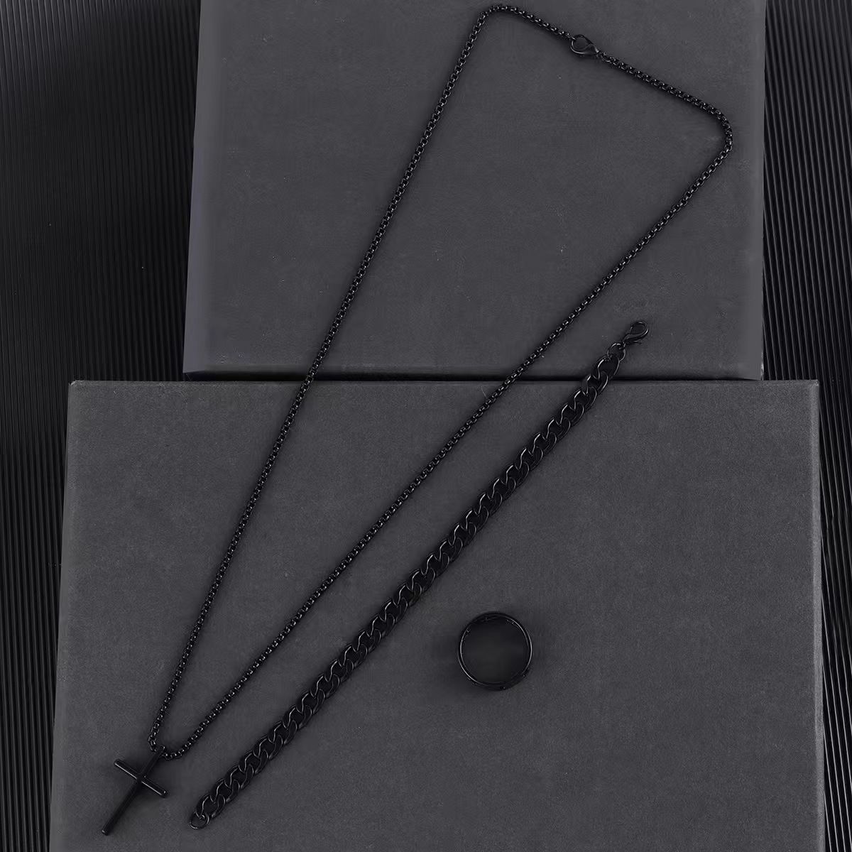 3 Pcs Set Cross Necklace Rings Bracelet for Men Titanium Steel Alloy Stainless Pendant Crosses Chain Jewelry Valentine's Day Christmas Birthday Gifts