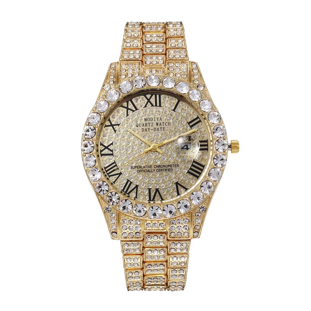 Modiya Men Watches Stainless Steel Ice Diamonds Roman numeral Quartz WristWatches Waterproof Male Watches Fashion Wrist Watch With Date Valentine's Day Christmas Birthday Gifts