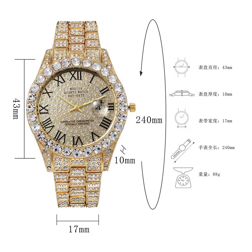Modiya Men Watches Stainless Steel Ice Diamonds Roman numeral Quartz WristWatches Waterproof Male Watches Fashion Wrist Watch With Date Valentine's Day Christmas Birthday Gifts