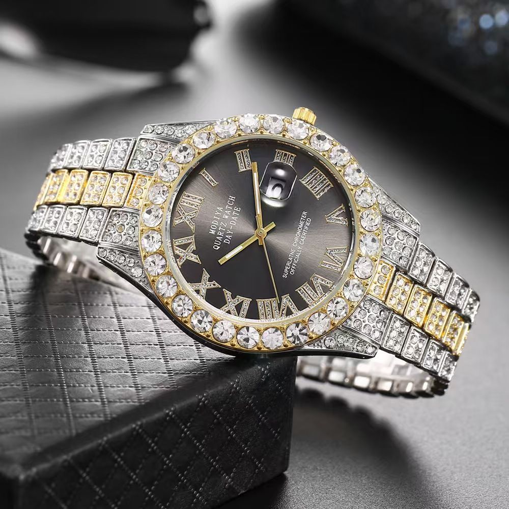 Modiya Men Watches Stainless Steel Ice Diamonds Roman numeral Quartz WristWatches Waterproof Male Watches Fashion Wrist Watch With Date Valentine's Day Christmas Birthday Gifts