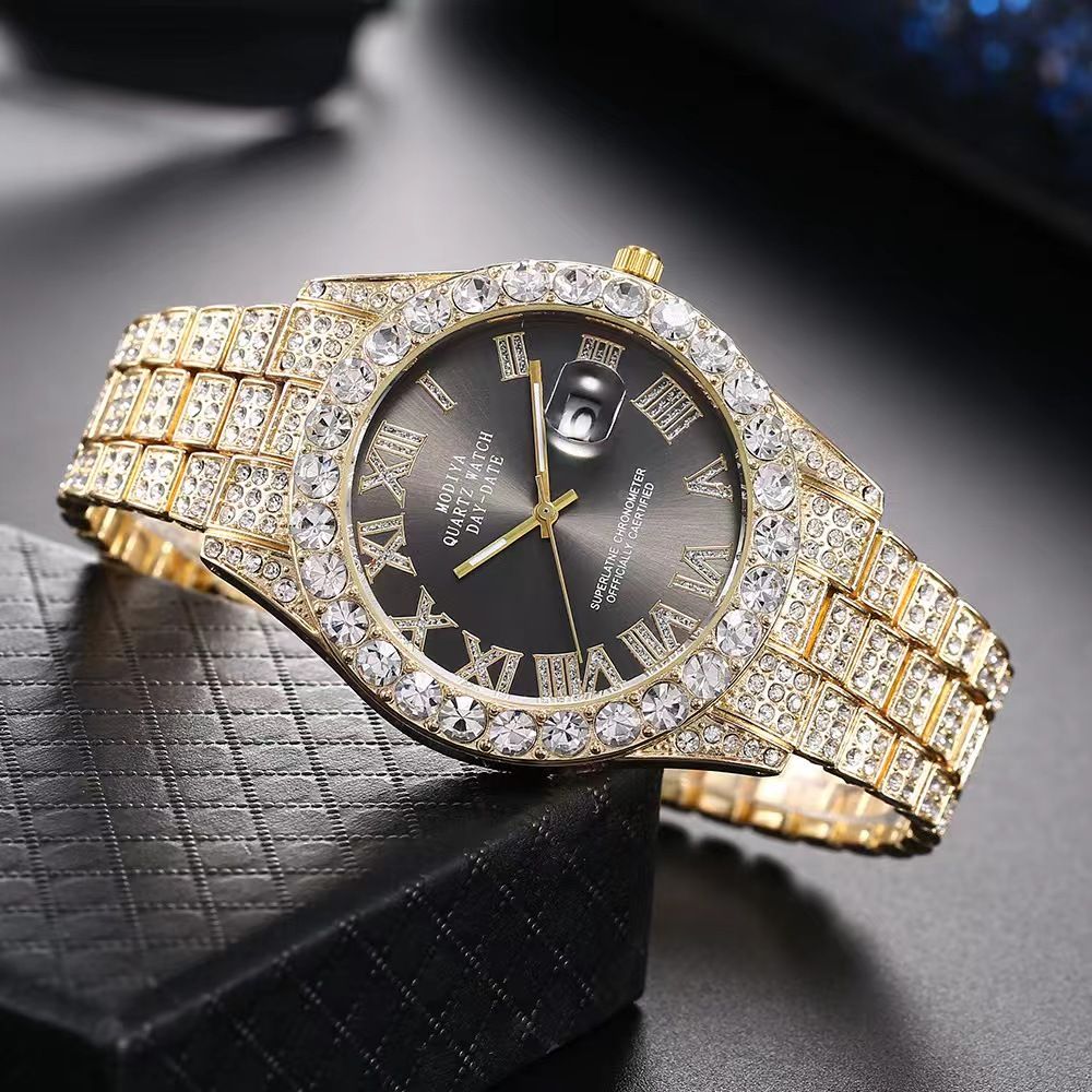 Modiya Men Watches Stainless Steel Ice Diamonds Roman numeral Quartz WristWatches Waterproof Male Watches Fashion Wrist Watch With Date Valentine's Day Christmas Birthday Gifts