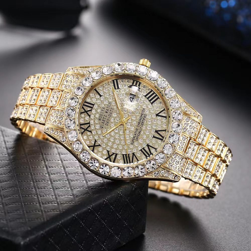 Modiya Men Watches Stainless Steel Ice Diamonds Roman numeral Quartz WristWatches Waterproof Male Watches Fashion Wrist Watch With Date Valentine's Day Christmas Birthday Gifts