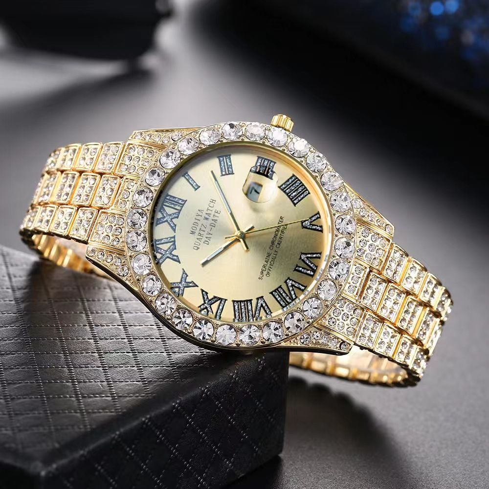 Modiya Men Watches Stainless Steel Ice Diamonds Roman numeral Quartz WristWatches Waterproof Male Watches Fashion Wrist Watch With Date Valentine's Day Christmas Birthday Gifts