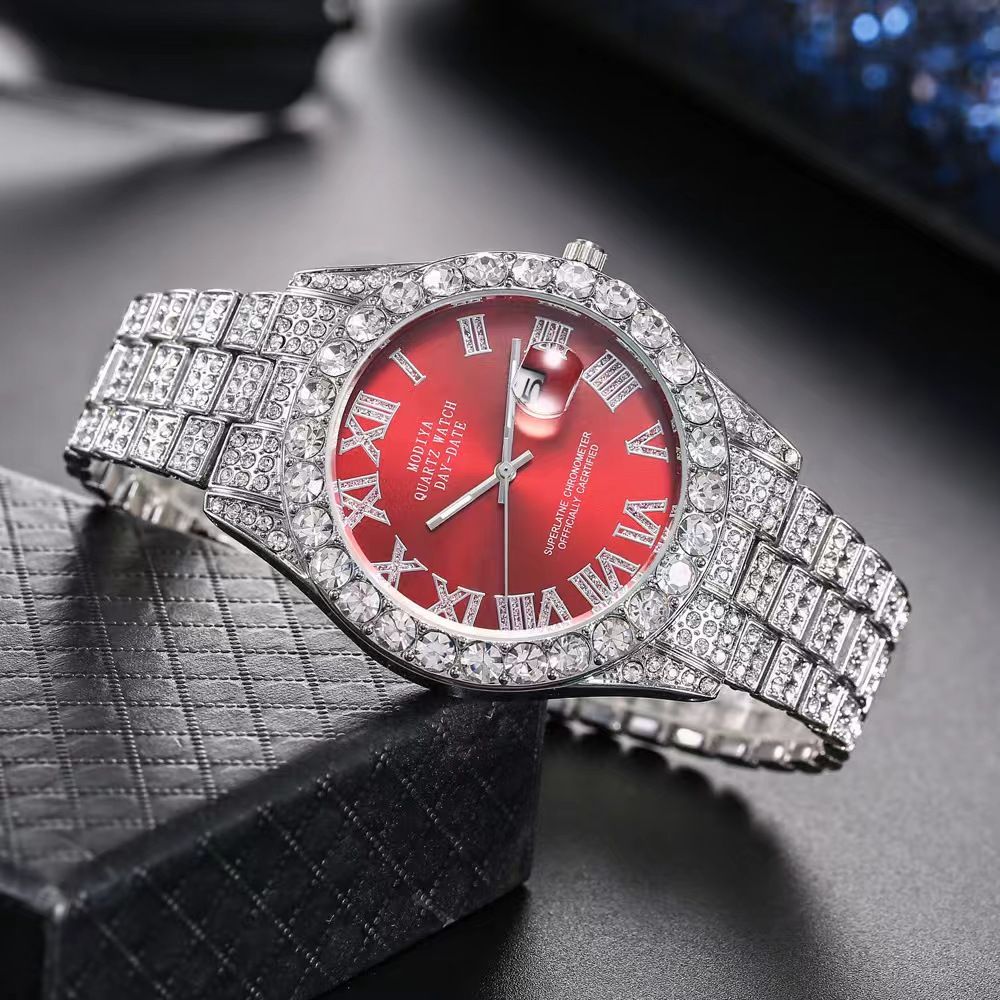 Modiya Men Watches Stainless Steel Ice Diamonds Roman numeral Quartz WristWatches Waterproof Male Watches Fashion Wrist Watch With Date Valentine's Day Christmas Birthday Gifts