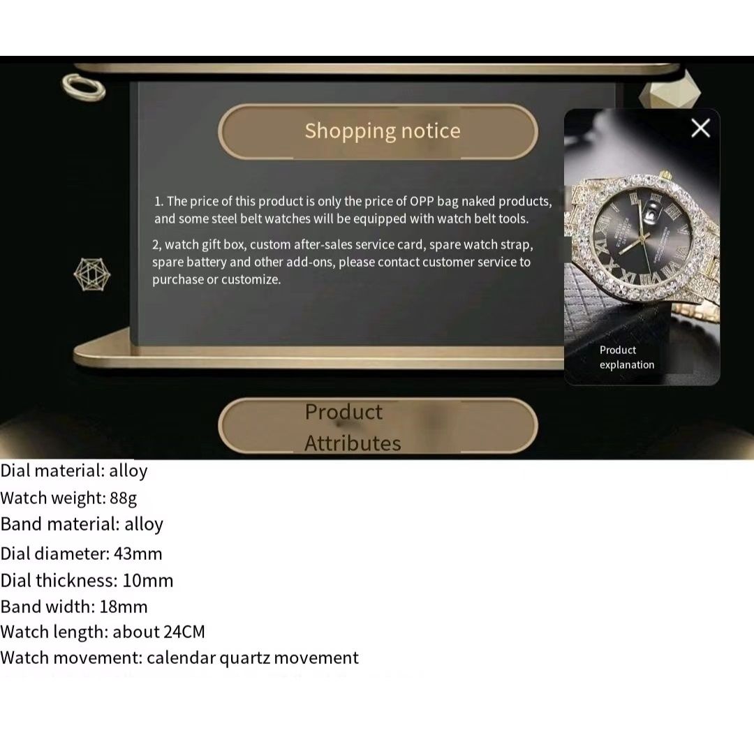 Modiya Men Watches Stainless Steel Ice Diamonds Roman numeral Quartz WristWatches Waterproof Male Watches Fashion Wrist Watch With Date Valentine's Day Christmas Birthday Gifts