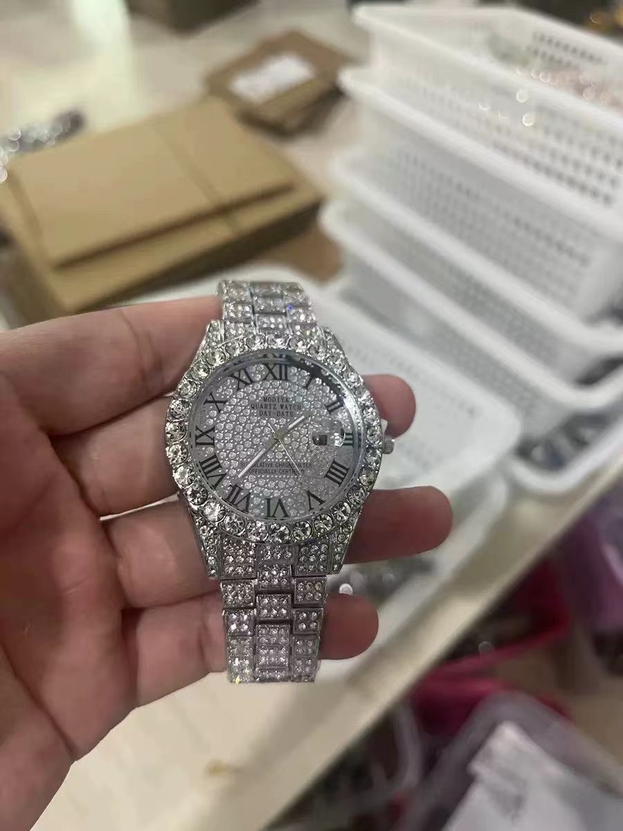 Modiya Men Watches Stainless Steel Ice Diamonds Roman numeral Quartz WristWatches Waterproof Male Watches Fashion Wrist Watch With Date Valentine's Day Christmas Birthday Gifts