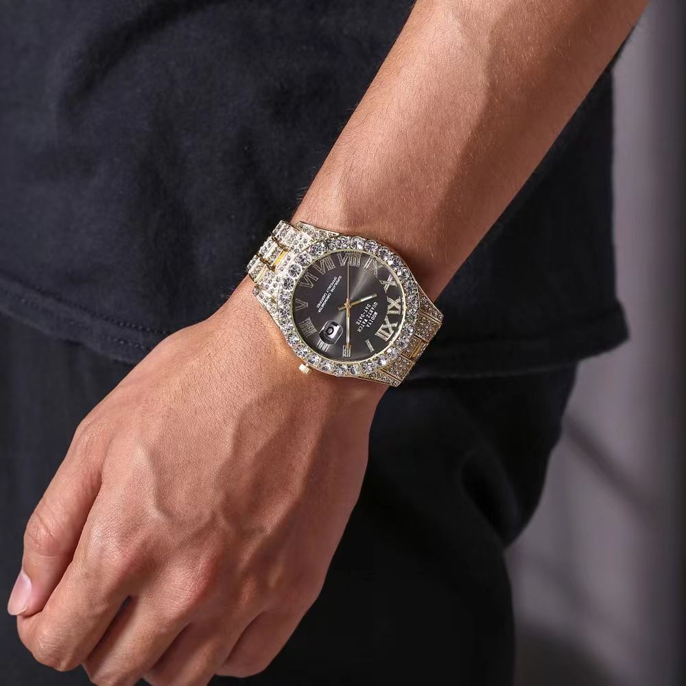 Modiya Men Watches Stainless Steel Ice Diamonds Roman numeral Quartz WristWatches Waterproof Male Watches Fashion Wrist Watch With Date Valentine's Day Christmas Birthday Gifts