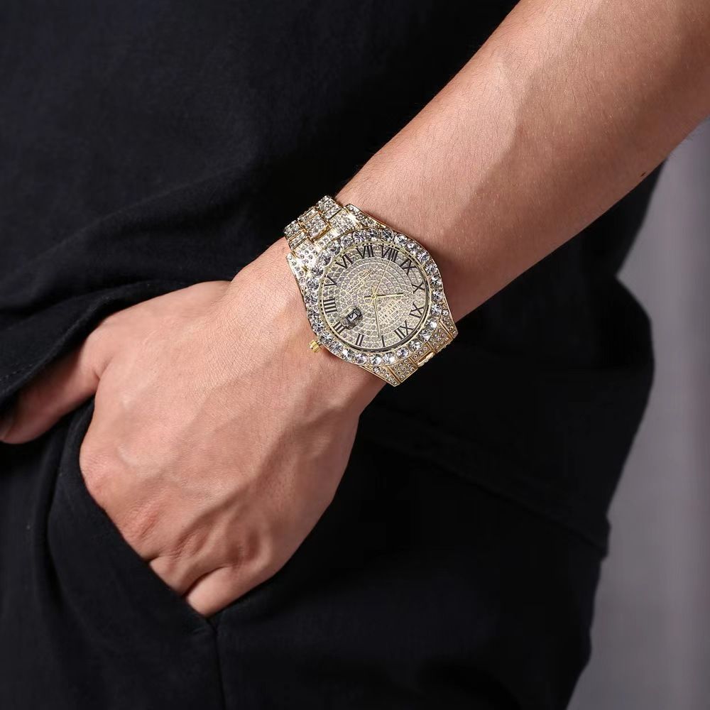 Modiya Men Watches Stainless Steel Ice Diamonds Roman numeral Quartz WristWatches Waterproof Male Watches Fashion Wrist Watch With Date Valentine's Day Christmas Birthday Gifts