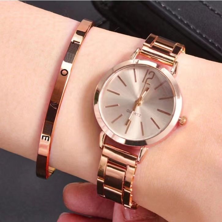 2pcs Stainless Steel Women Quartz Watches + LOVE Bracelet Set For Ladies Lady Watch Wristwatches Classic Fashion Female Watches Wrist Watch With Bracelet Bangle Jewelry Christmas Gifts