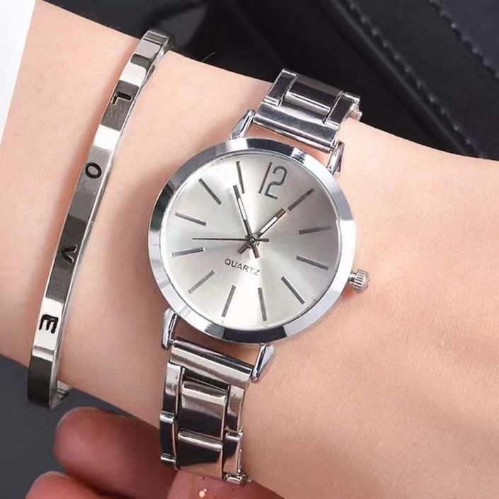 2pcs Stainless Steel Women Quartz Watches + LOVE Bracelet Set For Ladies Lady Watch Wristwatches Classic Fashion Female Watches Wrist Watch With Bracelet Bangle Jewelry Christmas Gifts