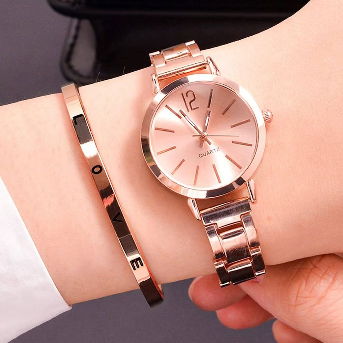 2pcs Stainless Steel Women Quartz Watches + LOVE Bracelet Set For Ladies Lady Watch Wristwatches Classic Fashion Female Watches Wrist Watch With Bracelet Bangle Jewelry Christmas Gifts