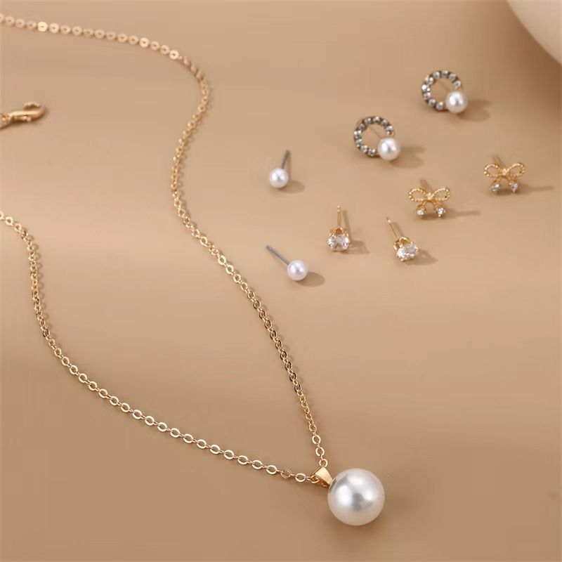 Pearl Pendant Necklace With 4 Pairs Earrings Sets Collarbone Choker Clavicle Chain Crystal Iced Diamond Women Lady Girls Jewelry Accessories Ear Stud Eardrop Valentine's Day Christmas Birthday Gifts