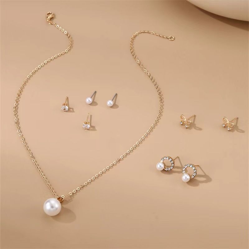 Pearl Pendant Necklace With 4 Pairs Earrings Sets Collarbone Choker Clavicle Chain Crystal Iced Diamond Women Lady Girls Jewelry Accessories Ear Stud Eardrop Valentine's Day Christmas Birthday Gifts