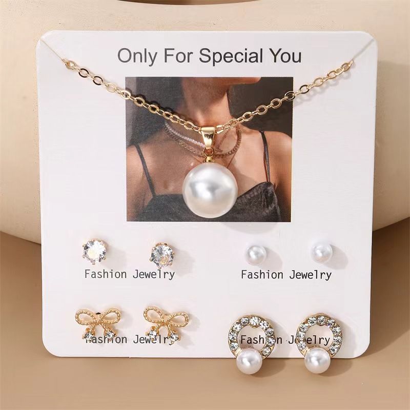 Pearl Pendant Necklace With 4 Pairs Earrings Sets Collarbone Choker Clavicle Chain Crystal Iced Diamond Women Lady Girls Jewelry Accessories Ear Stud Eardrop Valentine's Day Christmas Birthday Gifts