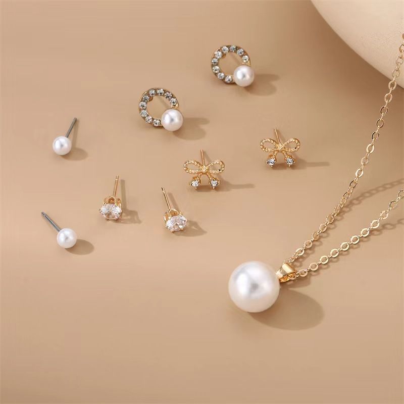 Pearl Pendant Necklace With 4 Pairs Earrings Sets Collarbone Choker Clavicle Chain Crystal Iced Diamond Women Lady Girls Jewelry Accessories Ear Stud Eardrop Valentine's Day Christmas Birthday Gifts