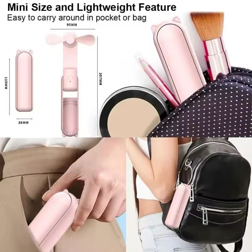 Portable Fan 2000mAh Power Bank 2 in 1 Foldable Handheld Fan Mini Folding Electric Fan USB Rechargeable 3-speed Adjustable Hand Held Small Pocket Table Fan