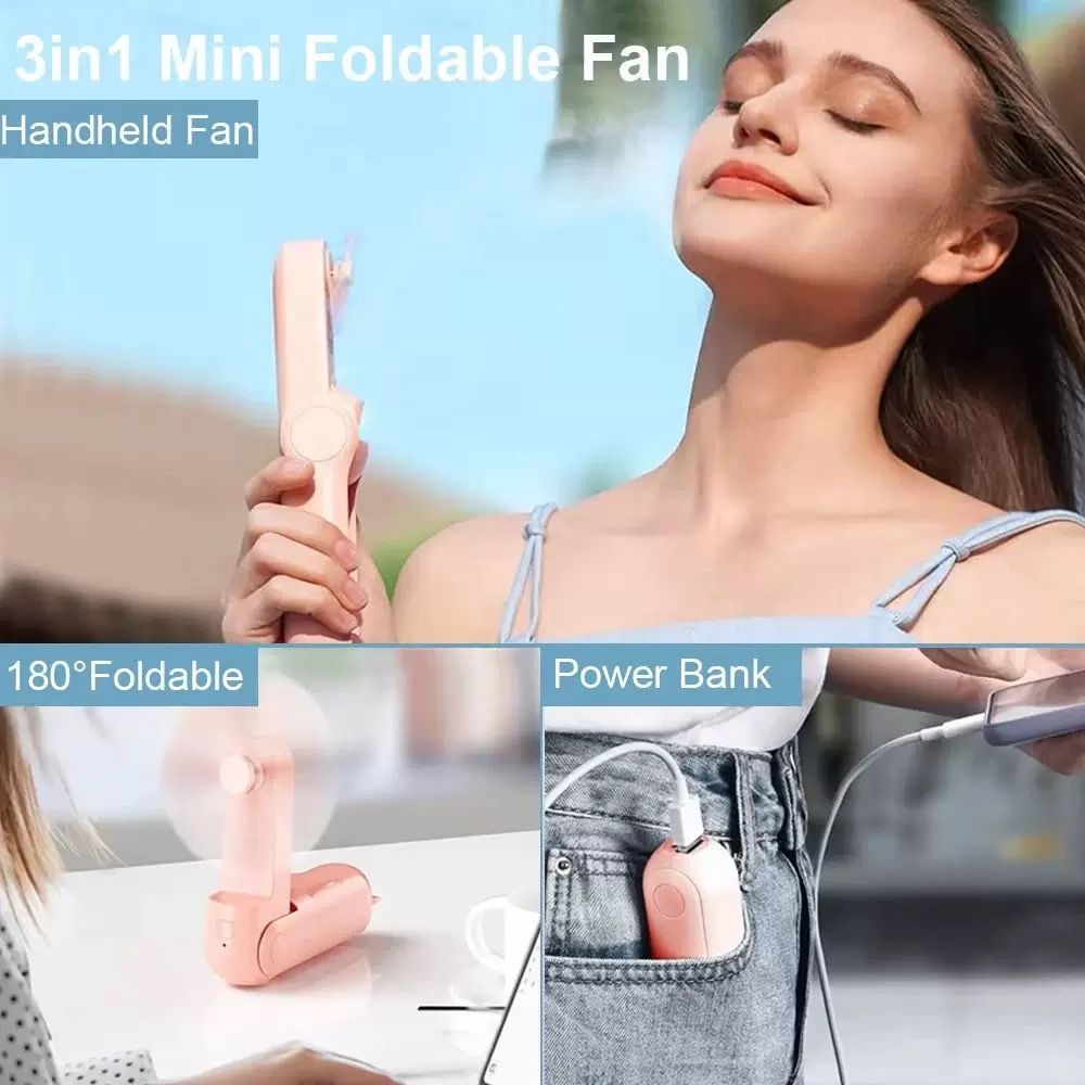 Portable Fan 2000mAh Power Bank 2 in 1 Foldable Handheld Fan Mini Folding Electric Fan USB Rechargeable 3-speed Adjustable Hand Held Small Pocket Table Fan